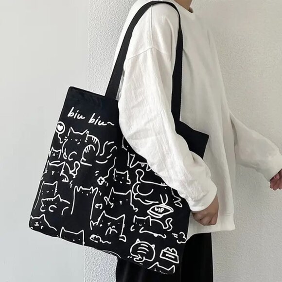 Handbags - Adorable Cat Print Canvas Tote
